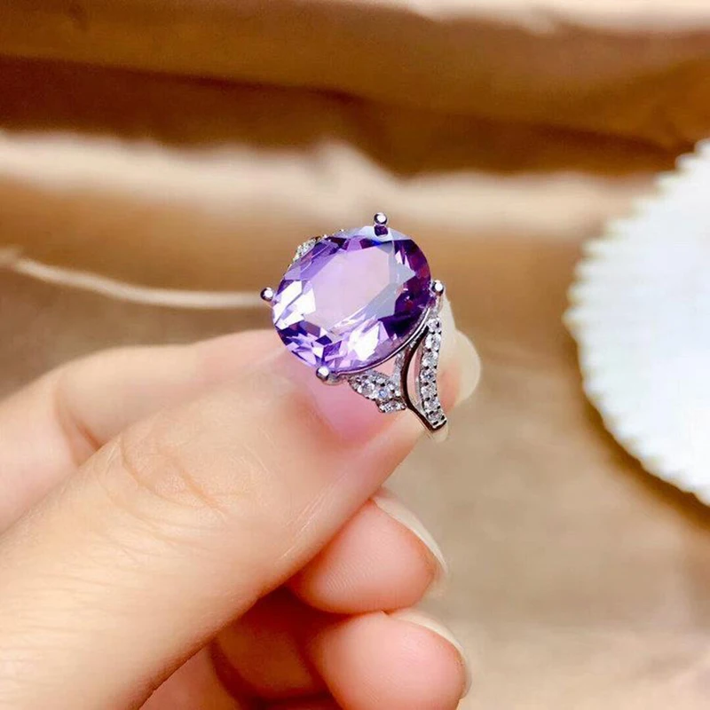Oval Imitation Purple Crystal Ladies Open Adjustable Size Rings Women Full Zircon Sparkling Light Amethyst Silver Color Ring