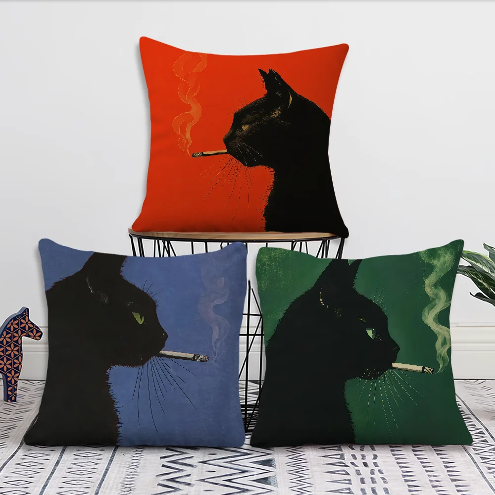 A Vintage Black Cat Smoking Cushion Cover For Pillow Printing Sofa Decoration Home Car Room Coffee Shop Office Nordic Simplicity