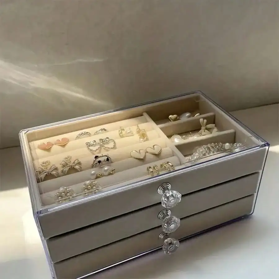 3-Layer Drawer Acrylic Jewelry Box, Transparent Organizer for Earrings & Rings