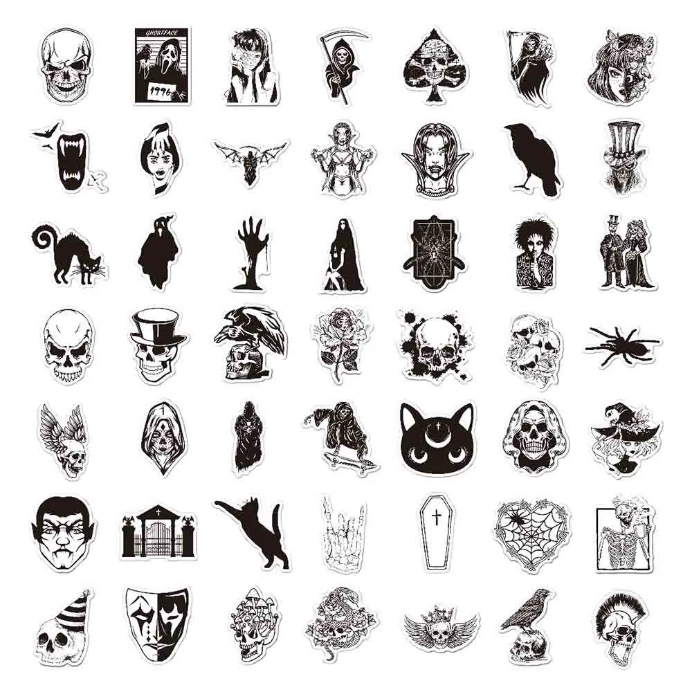 10/30/50/100pcs Punk Devil Black And White Horror Skull Gothic Stickers Skateboard Laptop Bike Luggage Phone Cool Car Sticker