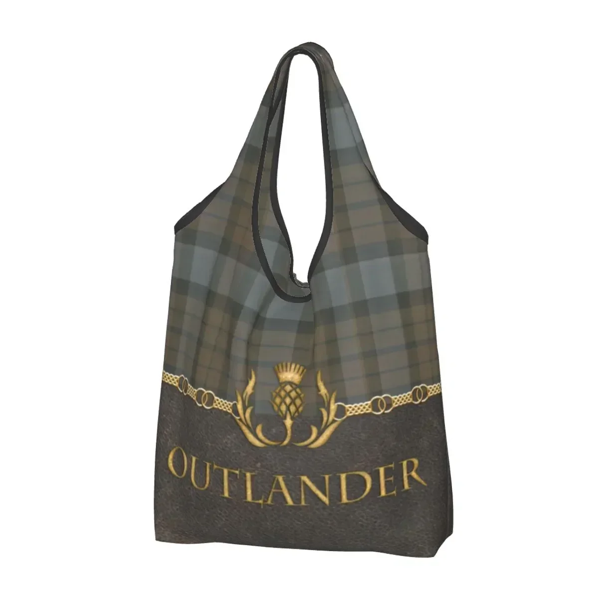 Reusable Leather And Tartan Outlander Pattern Shopping Bag Tote  Portable Modern Plaid Check Texture Groceries Shopper s