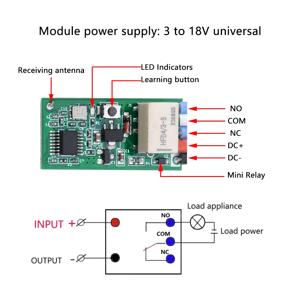 Commutateur à télécommande sans fil DC3V-18V Commutateur l\'inventaire marche/arrêt Télécommande sans fil 433MHz pour le contrôle de circuit