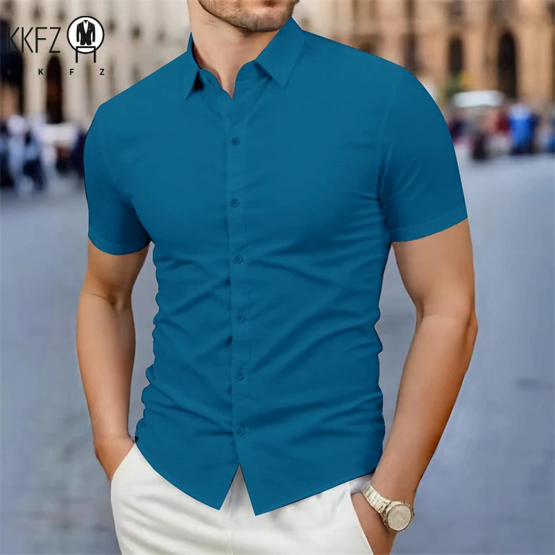 Camisa de manga corta de Color sólido informal de negocios para hombres Moda de verano Sin planchar Top versátil cómodo para hombres