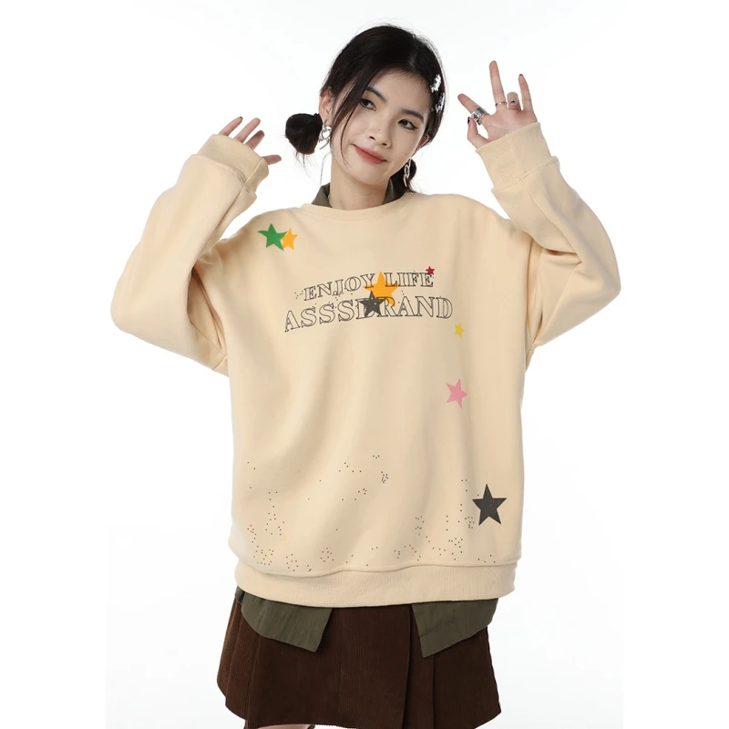 

Women Clothing Khaki Sweatshirt Letter Printing Female Vintage Fashion Street Style Winter Thicken Warm Baggy Pullover Tops