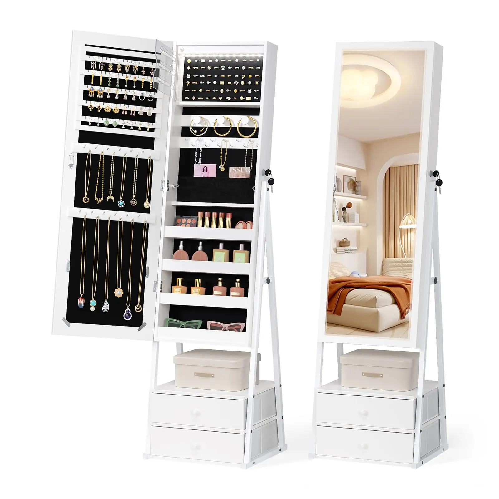 LED Jewelry Armoire with Full-Length Mirror, Lockable Standing Jewelry Cabinet with 2 Drawers, Large Jewelry Organizer