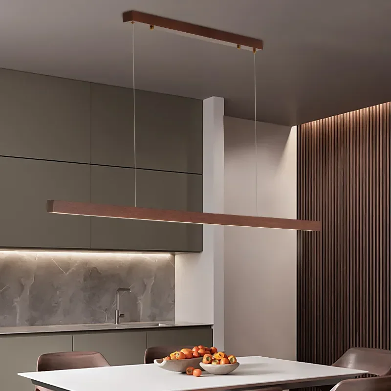 

Nordic Solid Wood LED Pendant Lamp Remote Control Dimming for Dining Room Kitchen Island Chandelier Strip Hanging Indoor Light