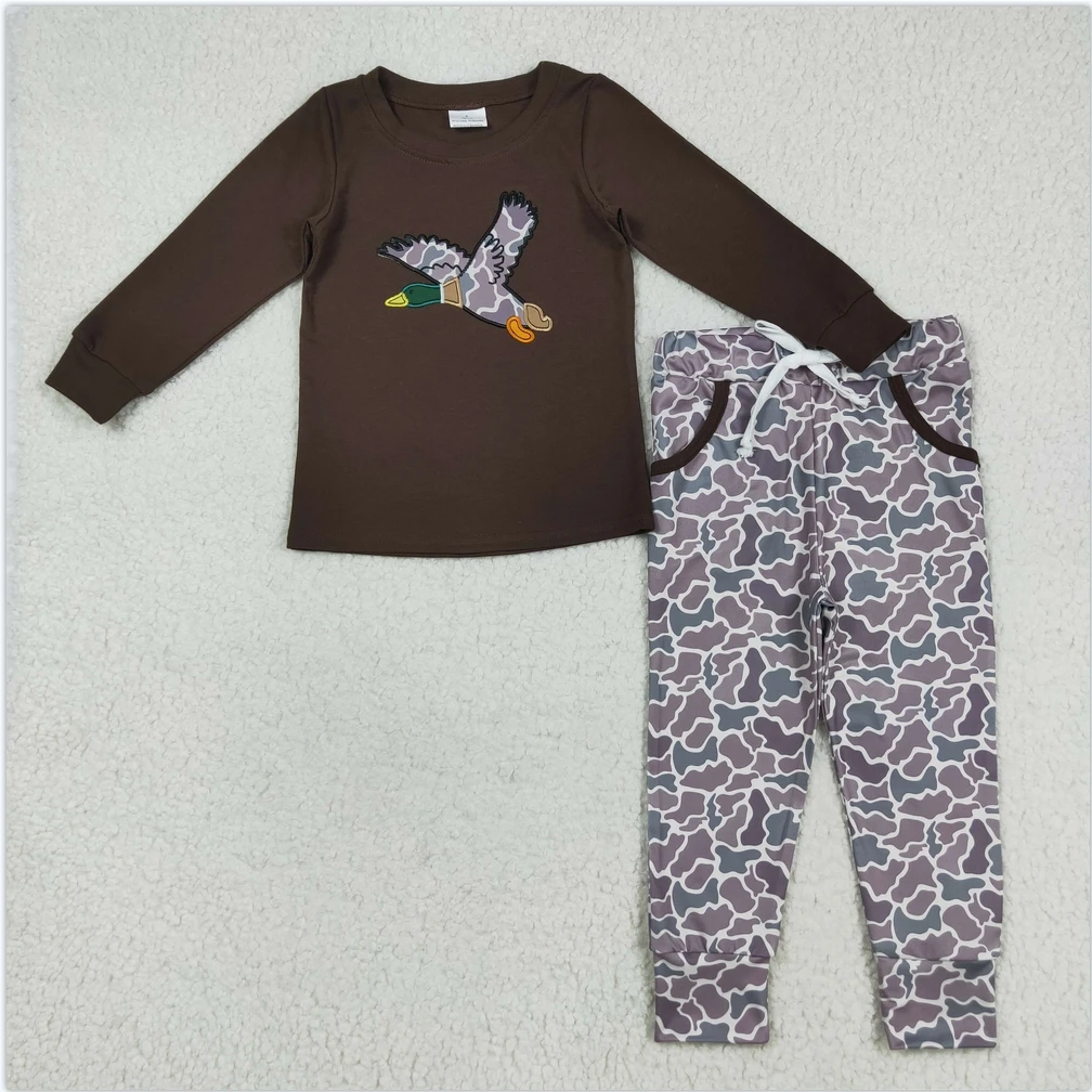 

Wholesale Baby Boy Long Sleeves Embroidery Camo Duck Top Pockets Legging Pant Children Toddler Kids Outfit Clothing Clothes Sets