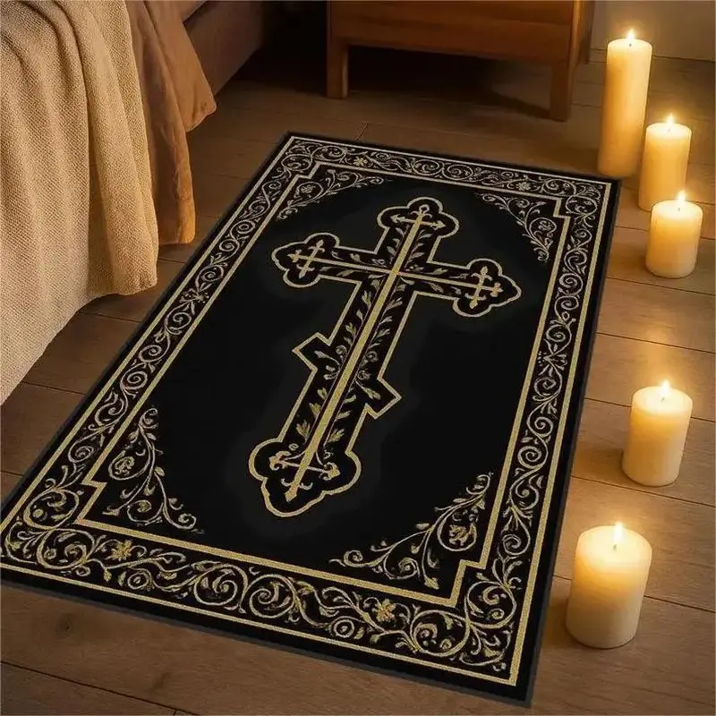 Vintage Cross Decorative Rug, Non-Slip and Washable Living Room Rug, Gothic Religious Prayer Bedroom Rug, Home Decor