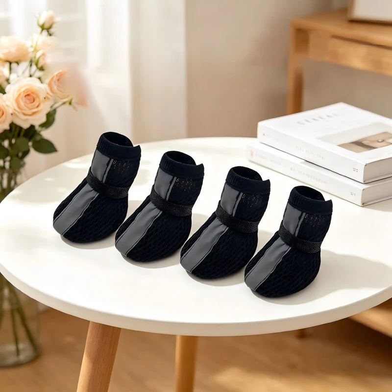 4 Stück/Set Rutschfeste Netz-Hundeschuhe Atmungsaktive Verschleißfeste Haustier-Stiefel mit Reflektorstreifen und Klettverschluss Pfotenschutz – Detail 1