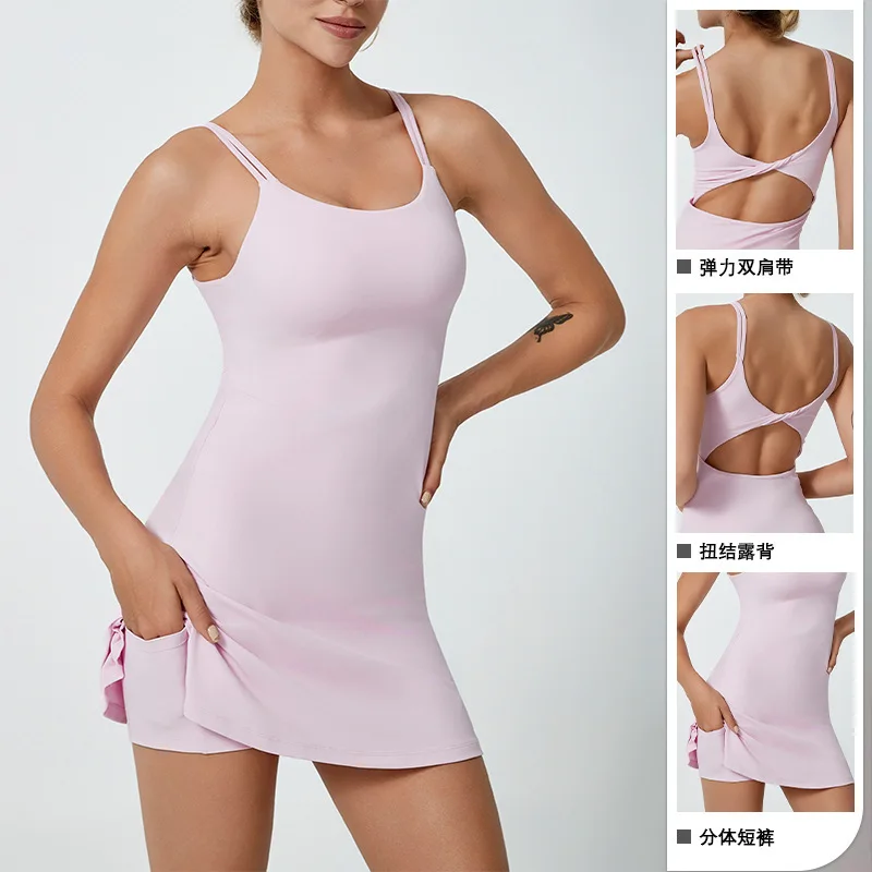 

Теннисное платье, женские быстросохнущие спортивные юбки для гольфа с открытой спиной, комплект без рукавов, тонкое платье для фитнеса и йоги с внутренними шортами, спортивная одежда