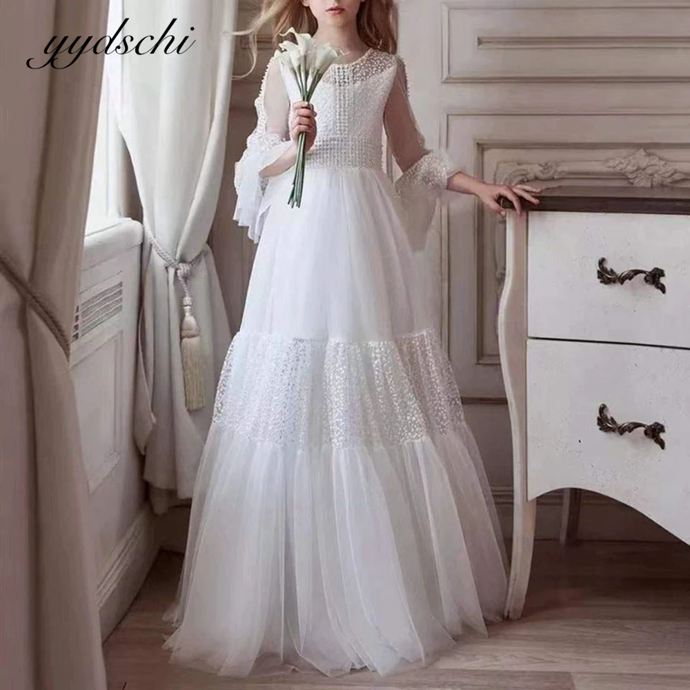 

Customized 2026 White O-neck Two Piece Flower Girl Dresses Lace A-line Wedding Party Tulle First Communion Dress Pageant Dress