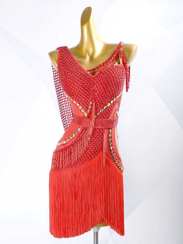 ET красное кристаллическое ажурное платье для латинских танцев, танцевальное платье с открытой спиной и юбкой с бахромой ET красное кристаллическое ажурное платье для латинских танцев, танцевальное платье с открытой спиной и юбкой с бахромой