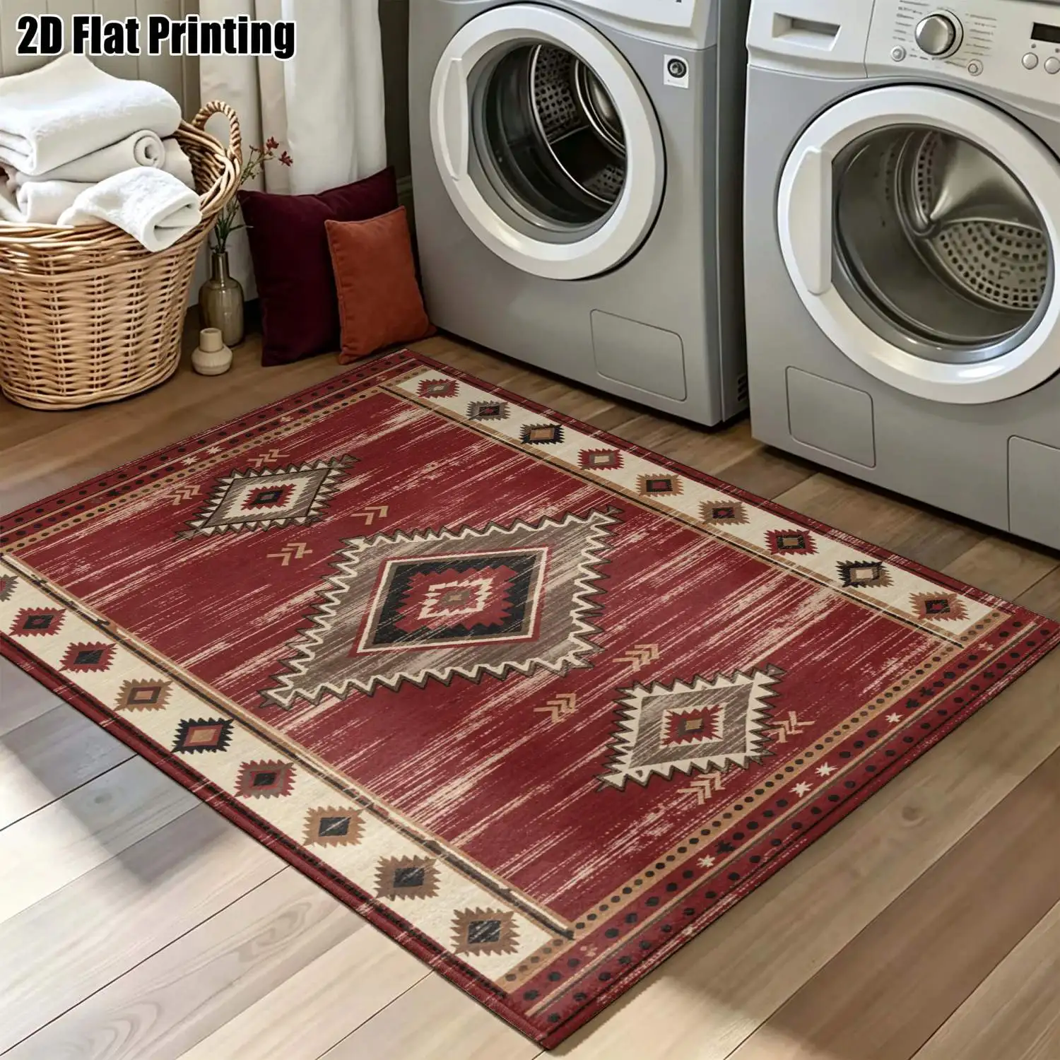 1Pc 2D Printed Burgundy Geometric Retro Carpet, Bohemian Home Decor Rug, Multiple Sizes, Machine Washable, for Entrance, Dining, Living, Bedroom Etc