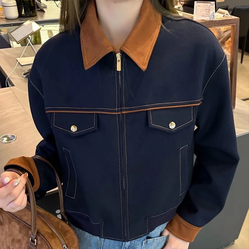 Hochwertiger Damenmantel im neuen Stil mit Faltenkragen und Reißverschluss im Farbblock-Design für Damenbekleidung 25120824