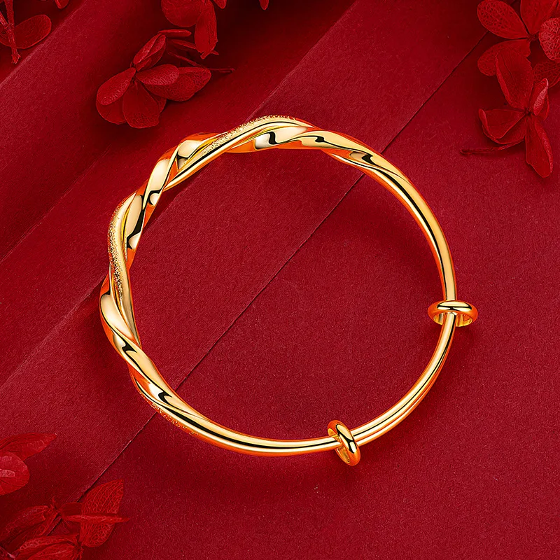 24K Real Gold bangle 9999 Niche Premium Twist Push-Pull Half Studded Sand Half Glossy Twist Bracelet for Women Fine Jewelry