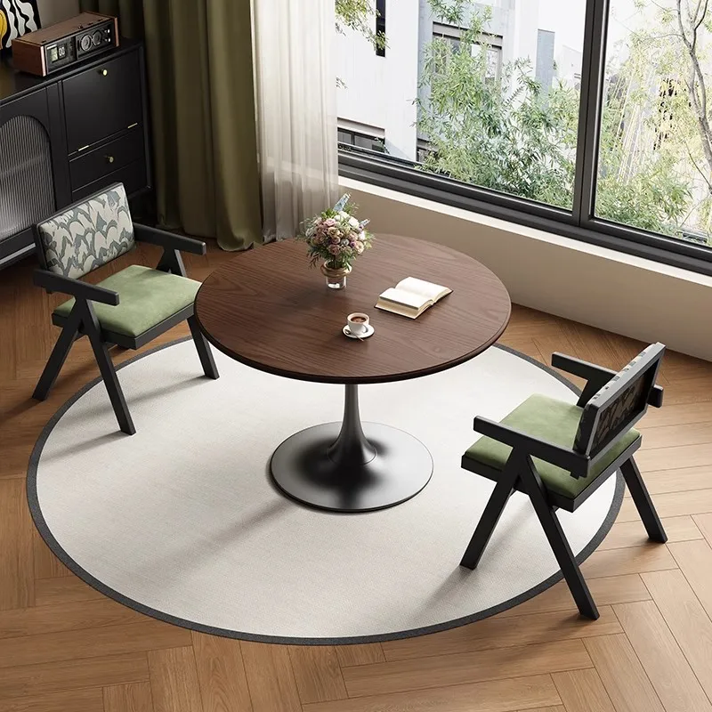 

Solid wood dining table and chairs reception negotiation table light luxury retro home round small apartment balcony small round