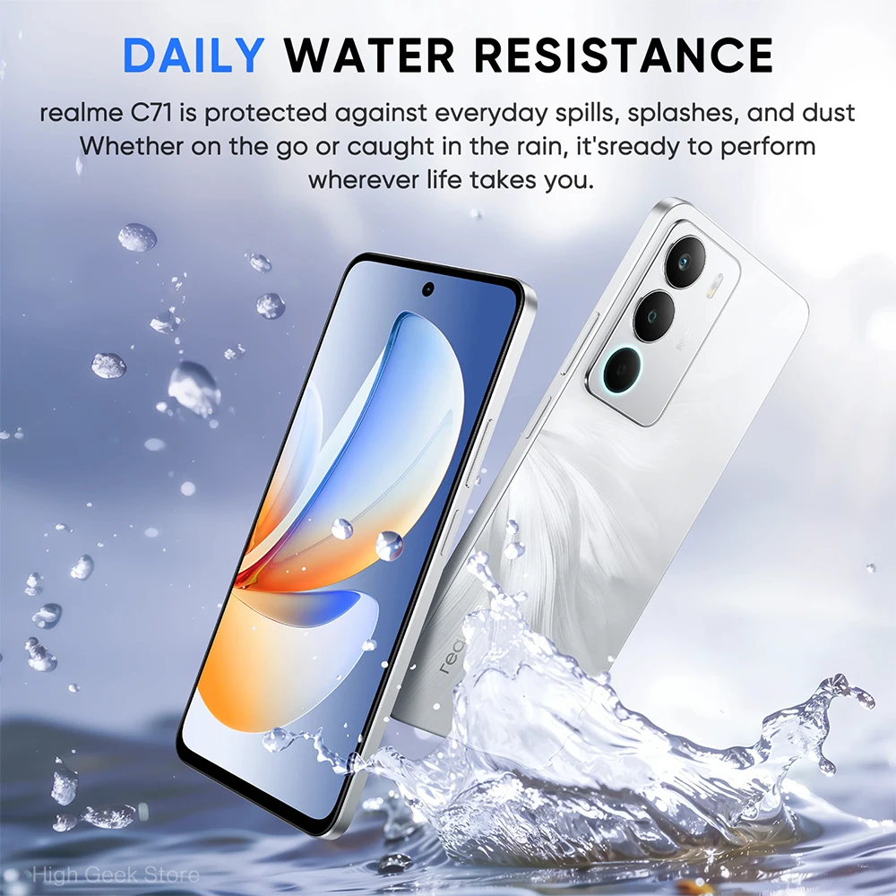 Versión global del smartphone realme C71 4G con pantalla Eye Comfort de 6,67 pulgadas y 120 Hz, batería de 6000 mAh, cámara AI de 50 MP y chipset Octa-Core. 7