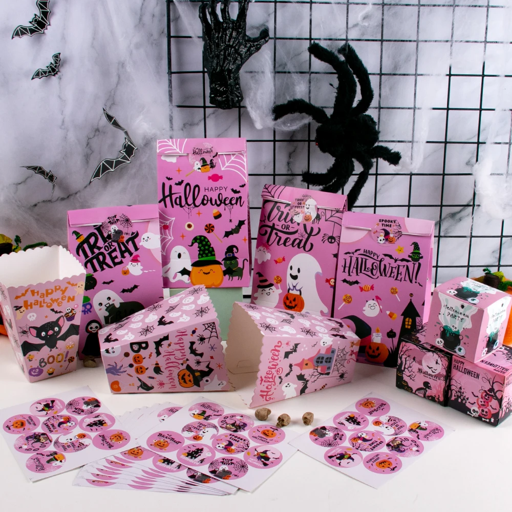 

Pink Halloween Gift Bags with Label Stickers Trick or Treat Goodie Bag Paper Popcorn Box Candy Box Halloween Night Party Gift