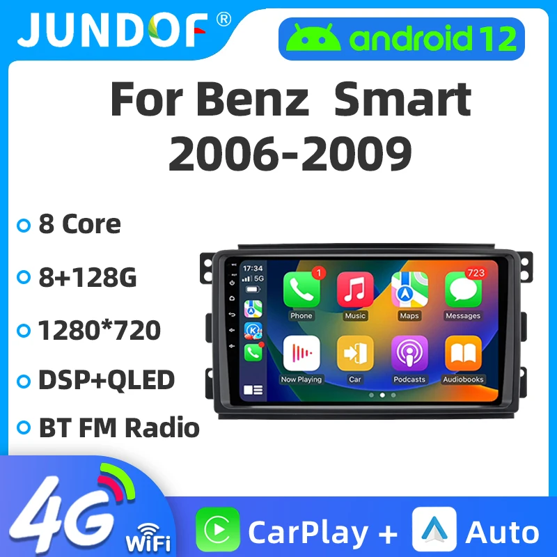 

Автомагнитола Jundof для Smart Fortwo 2006-2009, 2 Din, Android 12, мультимедийный видеоплеер, Carplay, автомобильный IPS экран, стерео, 4G + WIFI