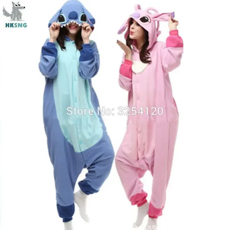 Miniso 동물 성인 블루 핑크 스티치 Onesies Kigurumi Pajama 애니메이션 만화 코스프레 의상 잠옷 복장 점프 슈트 할로윈