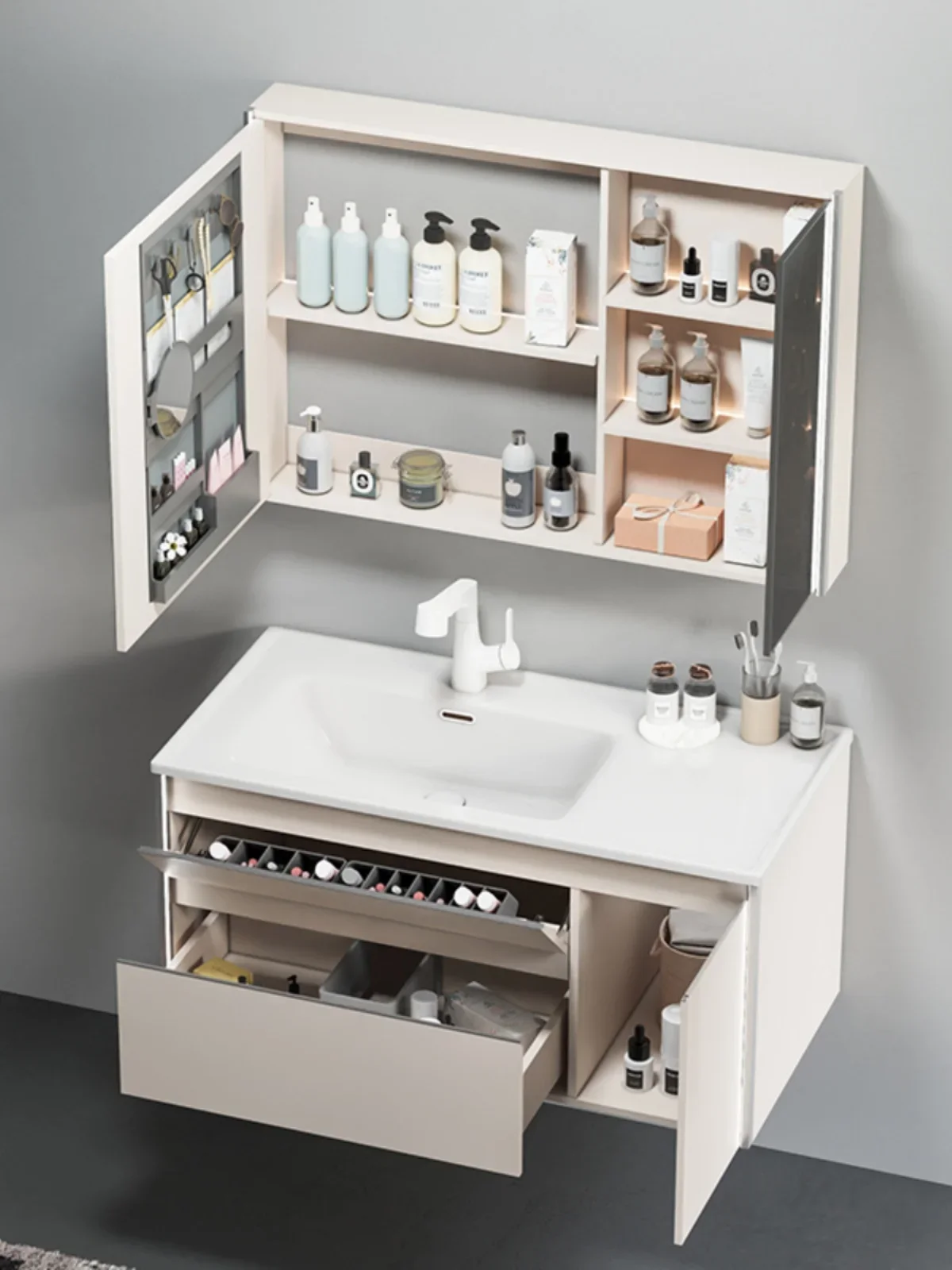 

Cream style ceramic integrated smart bathroom cabinet combination storage washbasin washbasin bathroom