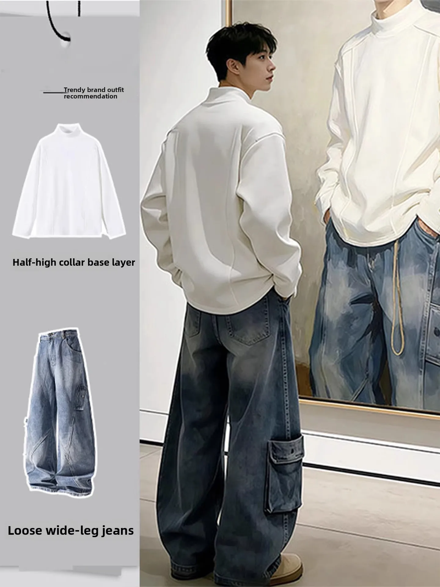 

White f High Ne Dervo Men's Base irt Spring Autumn Cool Sli Outfit with Large ket Deconstructed Jeans Faion Set