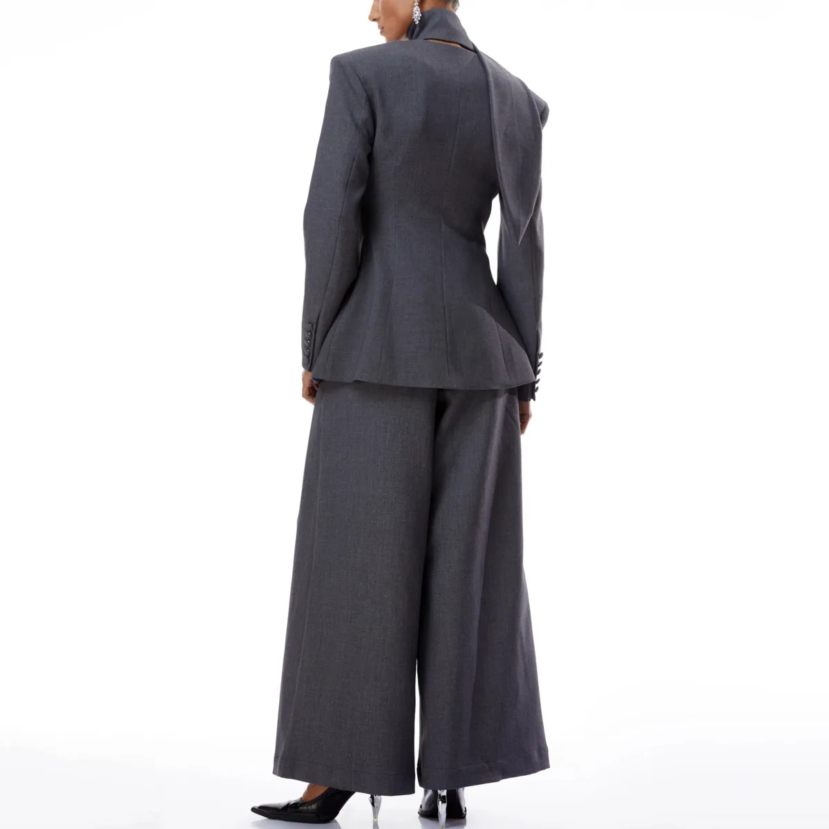 VTKW 2026 New Women Two Piece Suit Halter Neck Blazer Fitted Waist Peplum Hem High Waist Wide Leg Trousers Office Outfit - view 4