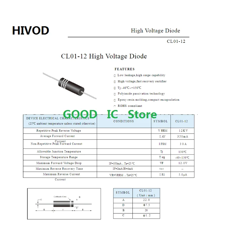 Diodo retificador de alta tensão com terminal, forno microondas, CL01-12, 350mA, 2CL01-12A, 450 MA0.45A, diâmetro de 7.5X22mm, 12kV, 10PCs