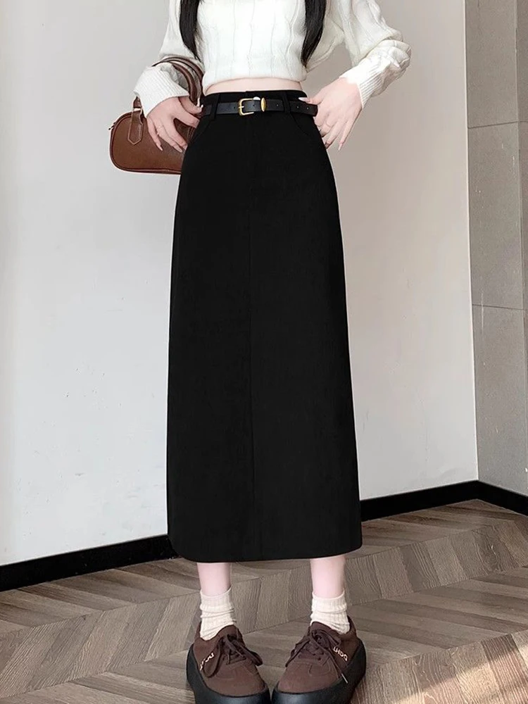 Zoki Retro Belt Red Corduroy Skirts Women High Waist Slim Sweet Midi Skirt Fall Winter Vintage Lady Elegant Slit Korean Skirts