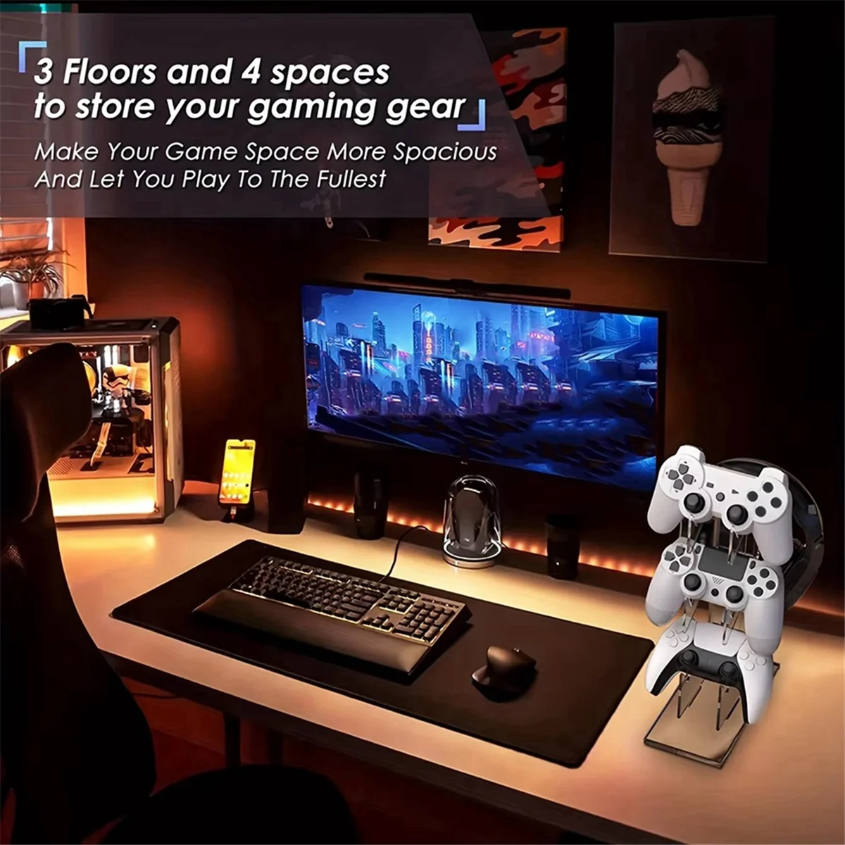 حامل وحدة تحكم عالمي مكون من 3 طبقات من EULM وحامل سماعة الرأس ملحقات ألعاب لحامل تخزين PS5 PS4 شفاف