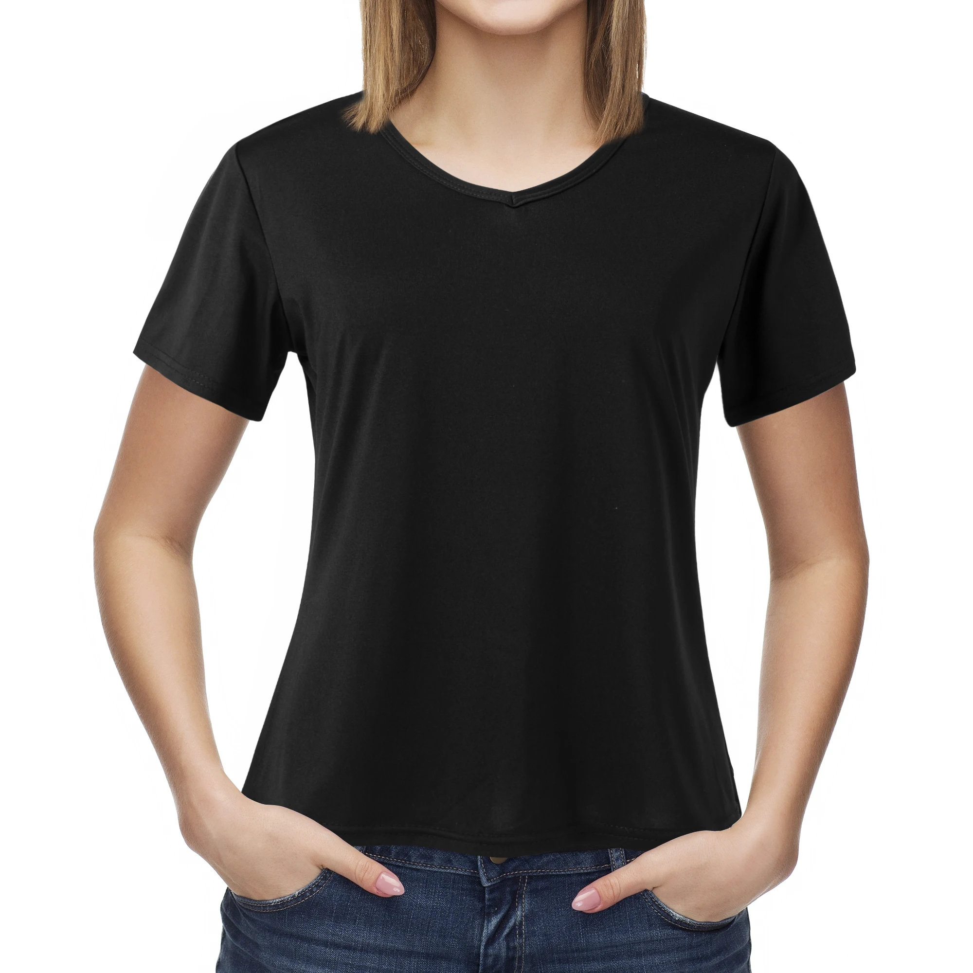 Einfarbiges Sommer-Damen-T-Shirt mit V-Ausschnitt, atmungsaktiv, lässig, kurzärmelig, weicher Stoff, hervorragende Elastizität, für den täglichen Gebrauch