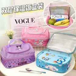 Cute Sanrio Kuromi Lunch Bag Cartoon My Melody Cinnmoroll Double-Layer Travel Thermal Breakfast Box Large Capacity Tote Food Bag