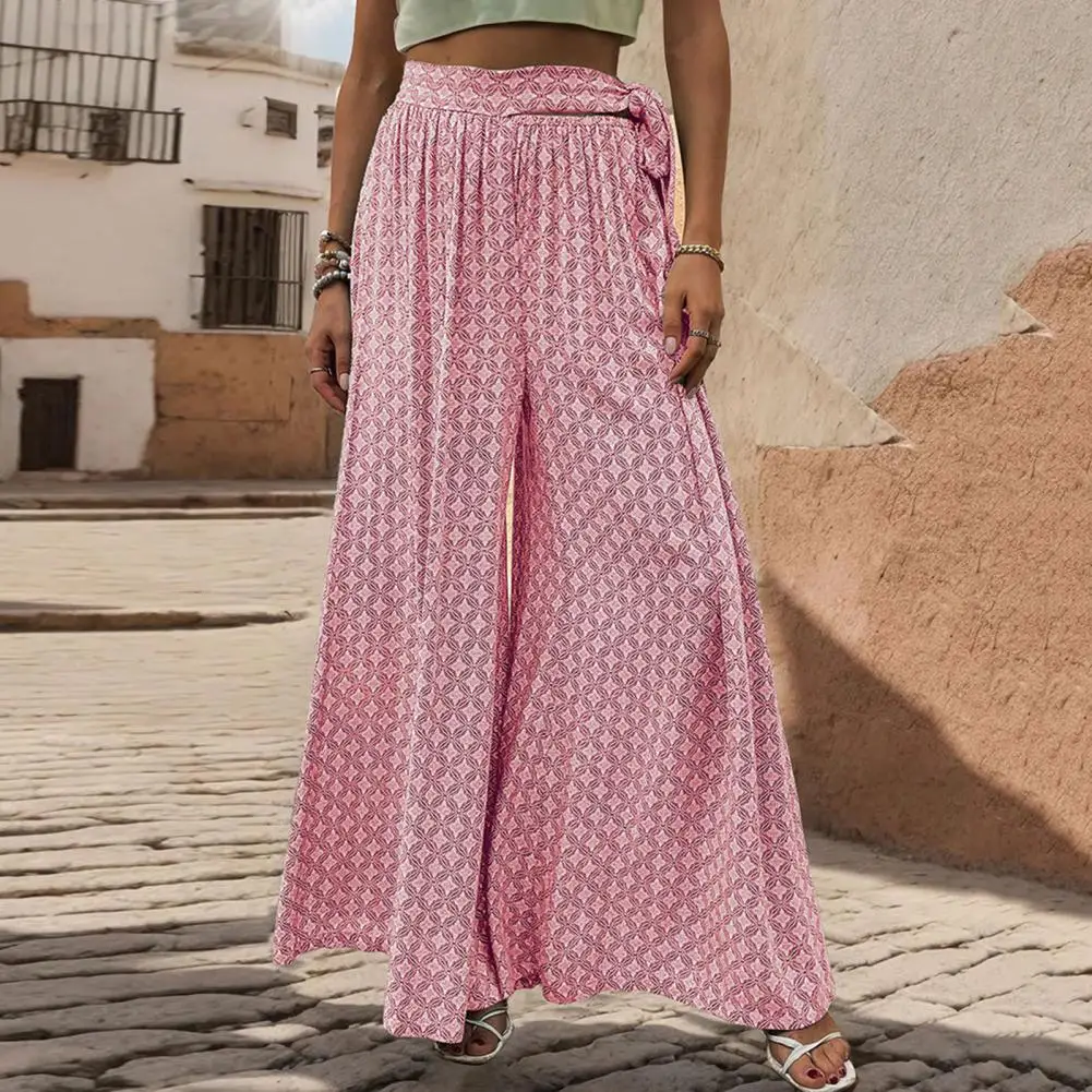 

Elegant Wide-leg Bottoms Stylish Lace-up High Waist Wide Leg Culottes for Women A-line Printed Ankle Length Trousers with Crotch