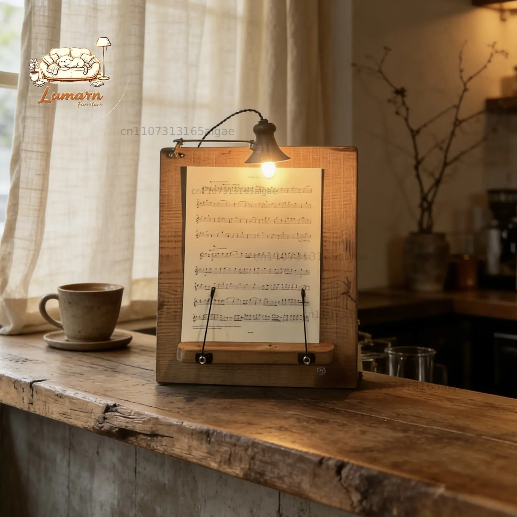 Retro wooden sheet music reading stand with lamp, desktop literary solid wood desk lamp bookend, multi-functional calligraphy