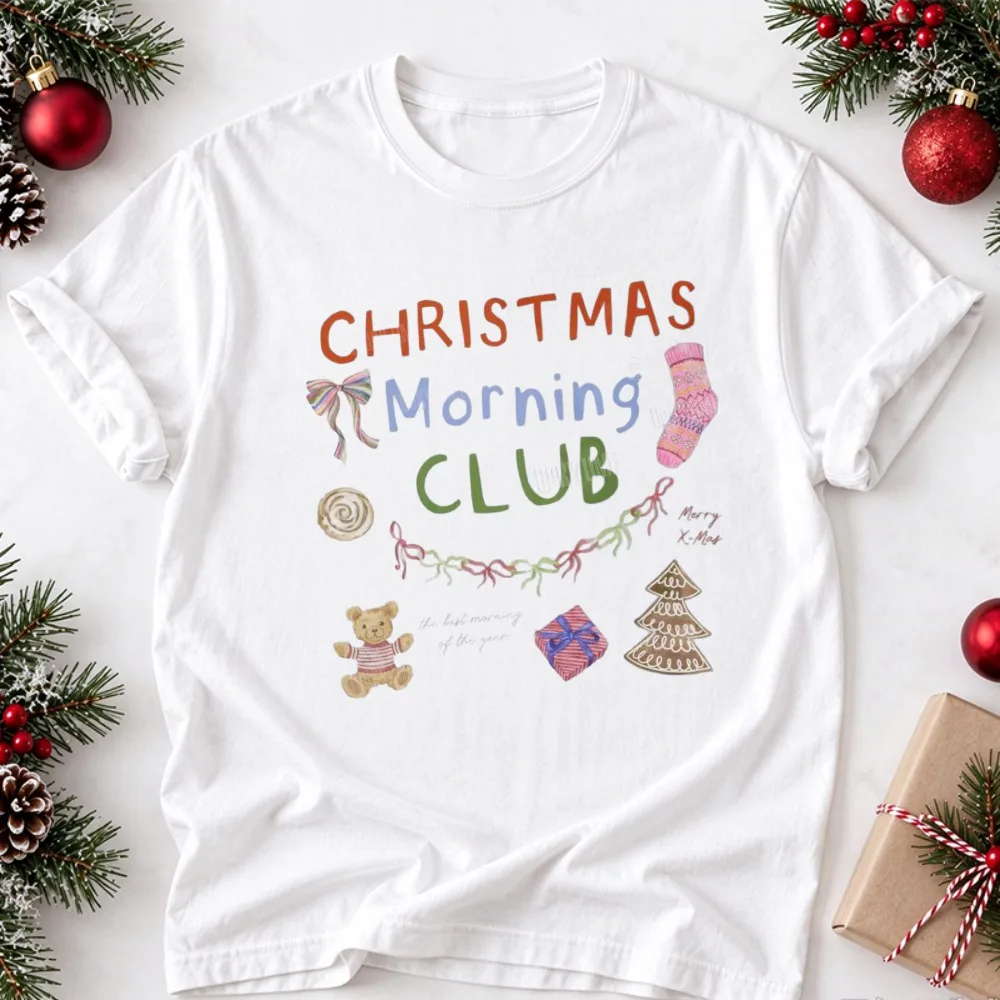 Christmas Morning Club Graphic T Shirt Cute Teddy Bear Bow Stocking Gift Tree Watercolor Print Tee Cozy Retro Xmas Cotton Tops