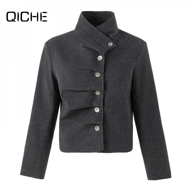 QICHE Women Asymmetric Oblique Placket Short Jacket Stand Collar Pleated Design Long Sleeve Slim Fall Outerwear Coat