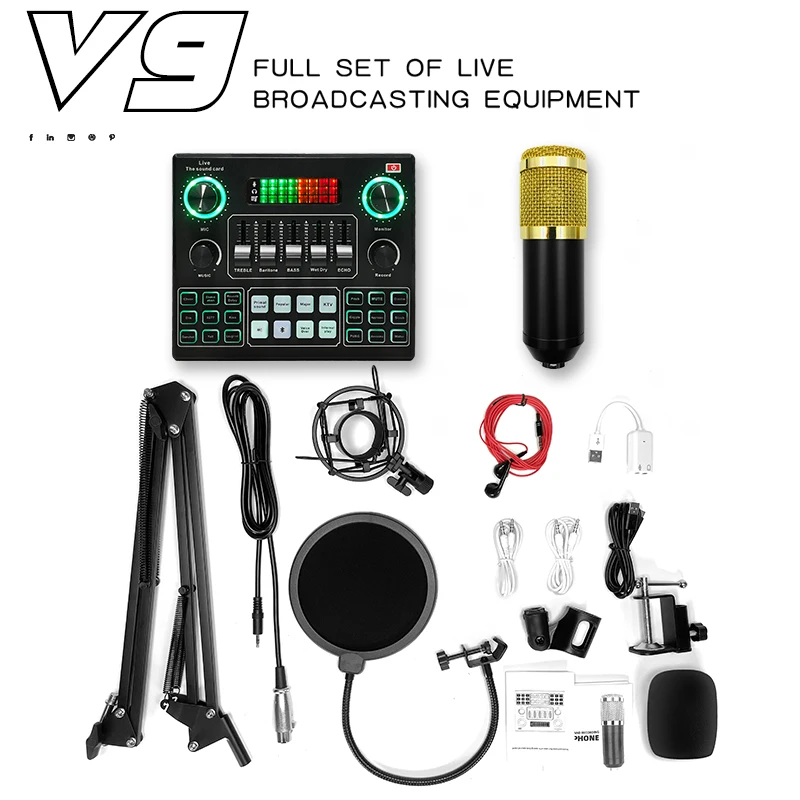 V9 SET USB Condenser Microphone Full Set Sound Card Audio Interface Mixers Recording Microfono Professional Sound Card for Live
