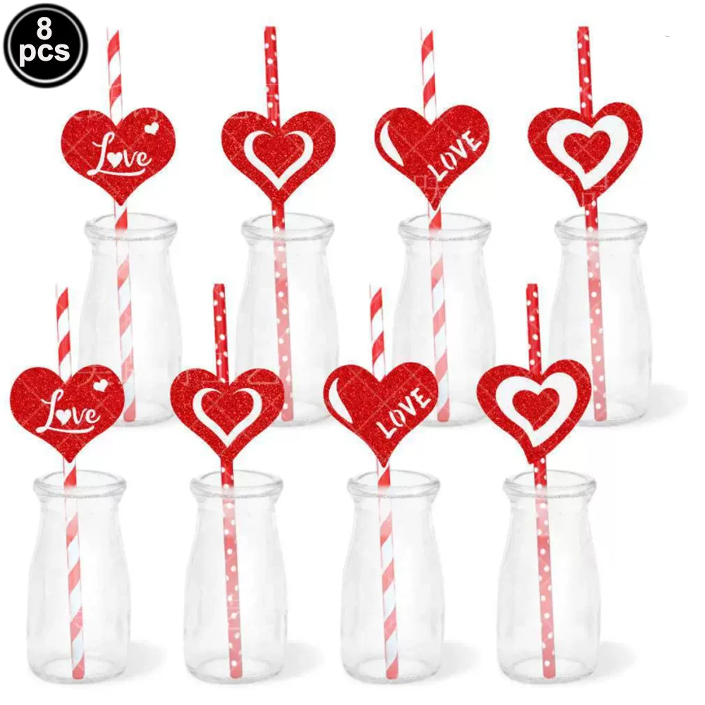 Valentinstag Party-Geschirr Rote Herz-Pappteller Servietten Becher Strohhalme Hochzeit Valentinstag Party-Dekorationen Zubehör – Detail 2