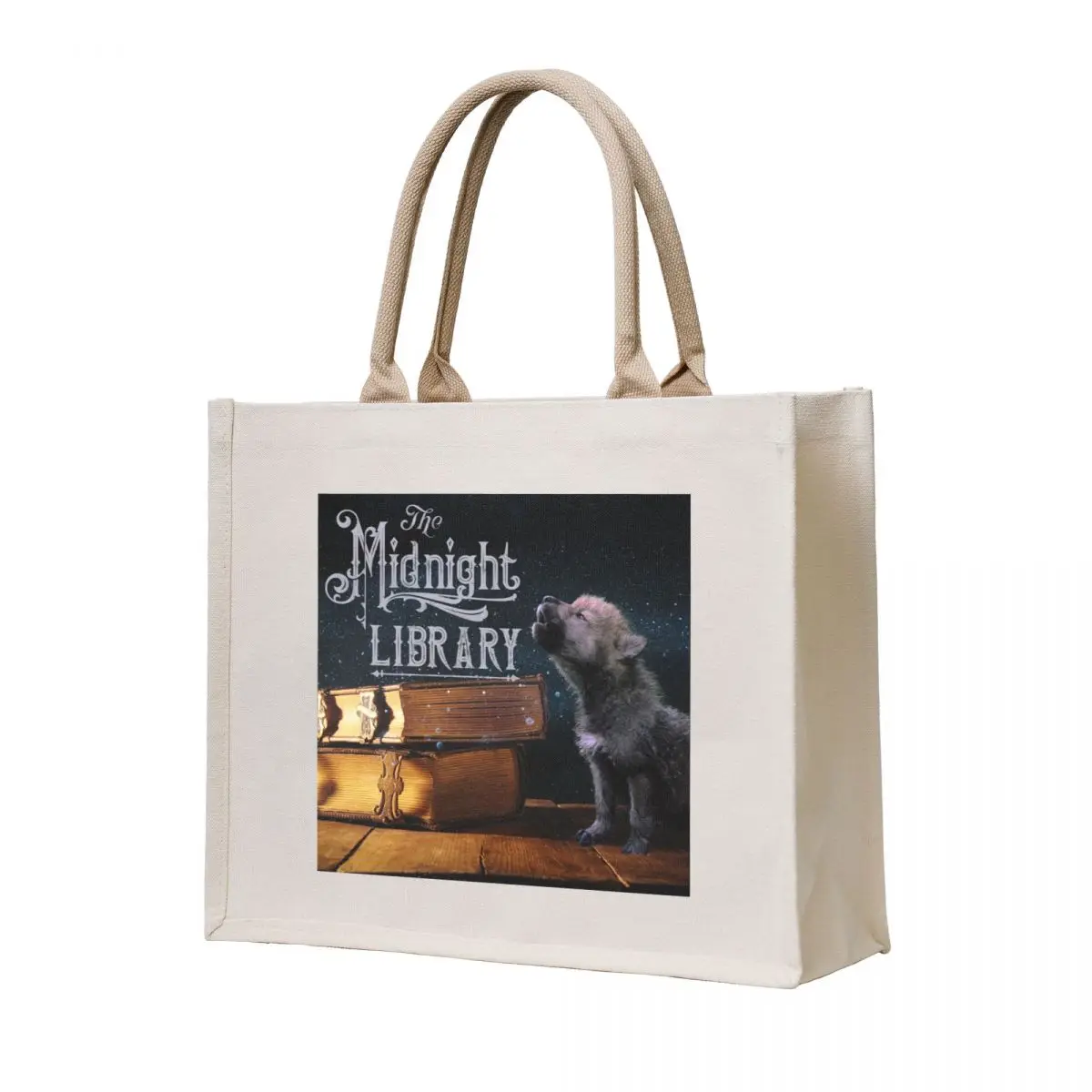 Original Midnight Library Wolf Pup & Books (OUR IMAGE) Tote Bag tote bag screen Fabric bag