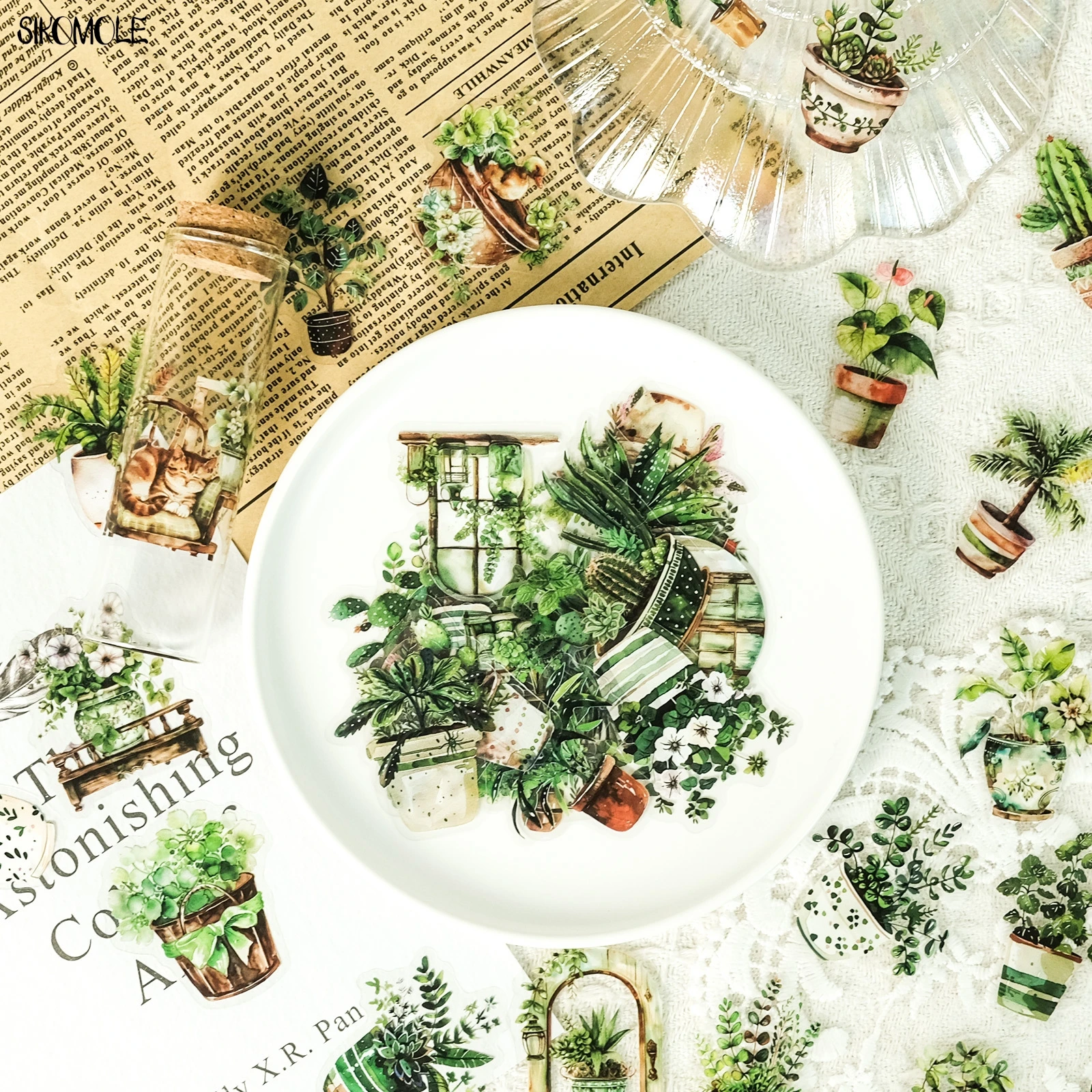 50PCS Vintage Green Plants Leaves Flowers Sticker PET DIY Mobile Phone Cases Accounts Laptops Skateboards Transparent Stickers