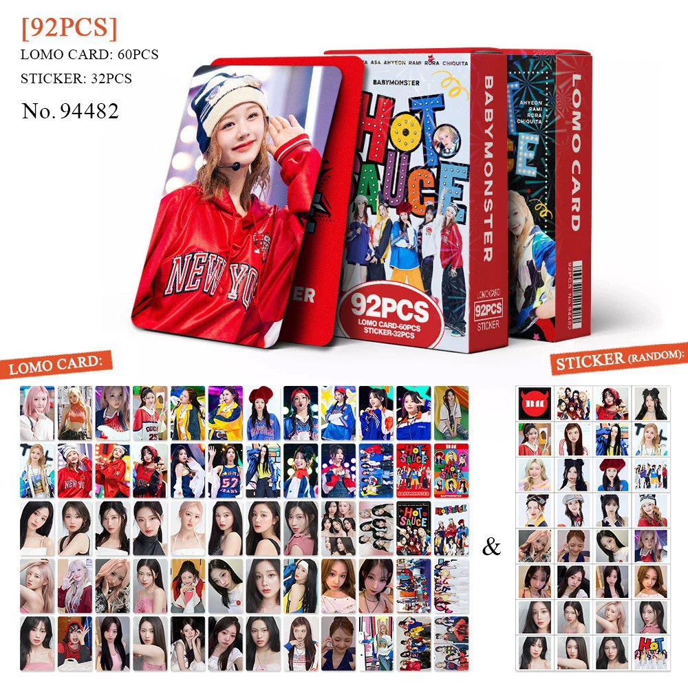 92PCS BABYMONSTER HOT SAUCE Album Photocards - RAMI RORA AHYEON RUKA Laser LOMO Cards With Stickers