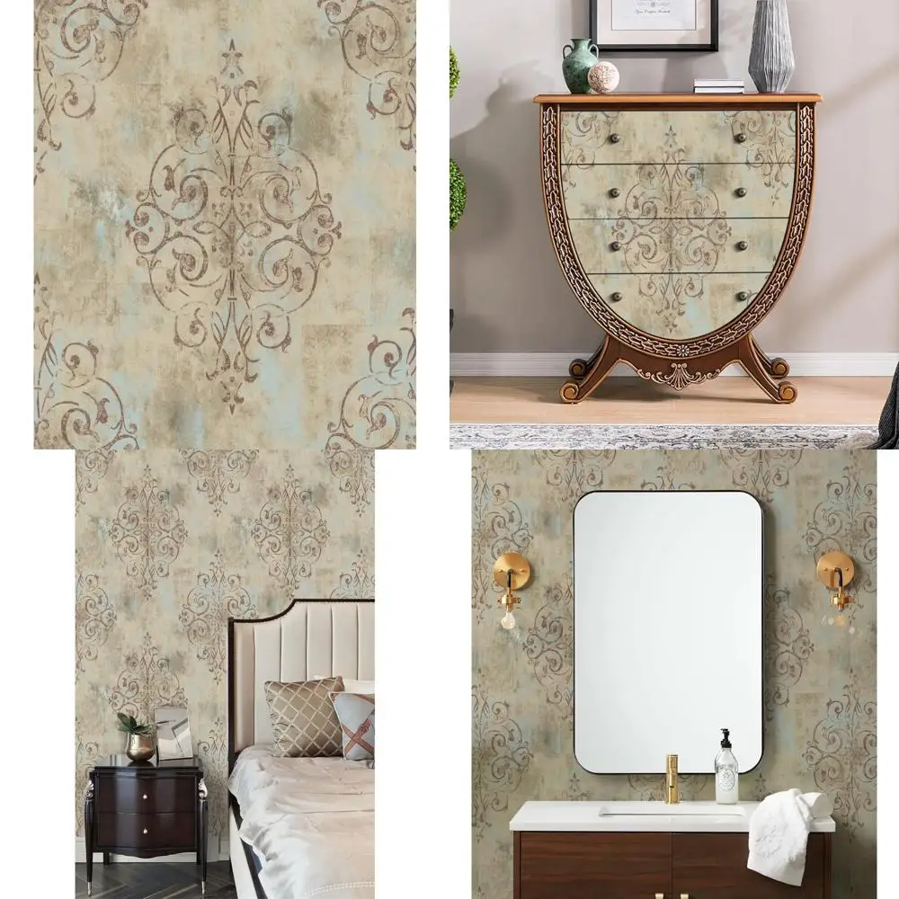 ورق جدران دمشقي عتيق قابل للتقشير واللصق باللون الأصفر العميق والأزرق الضبابي والبني للجدران - تصميم فينيل ذاتي اللصق مع فرنسي