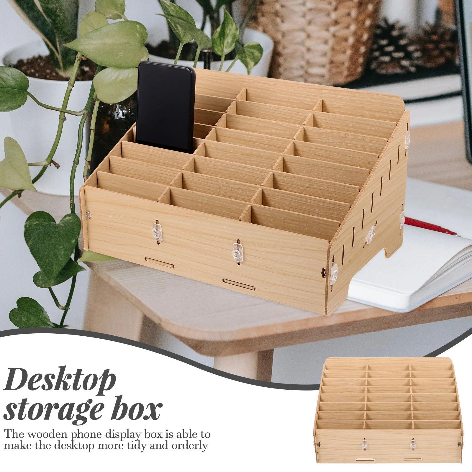 صندوق تخزين خشبي منظم سطح المكتب لحامل الهاتف لوازم المكاتب المنزلية حاوية خشبية منضدية حقيبة للتخزين المحمول