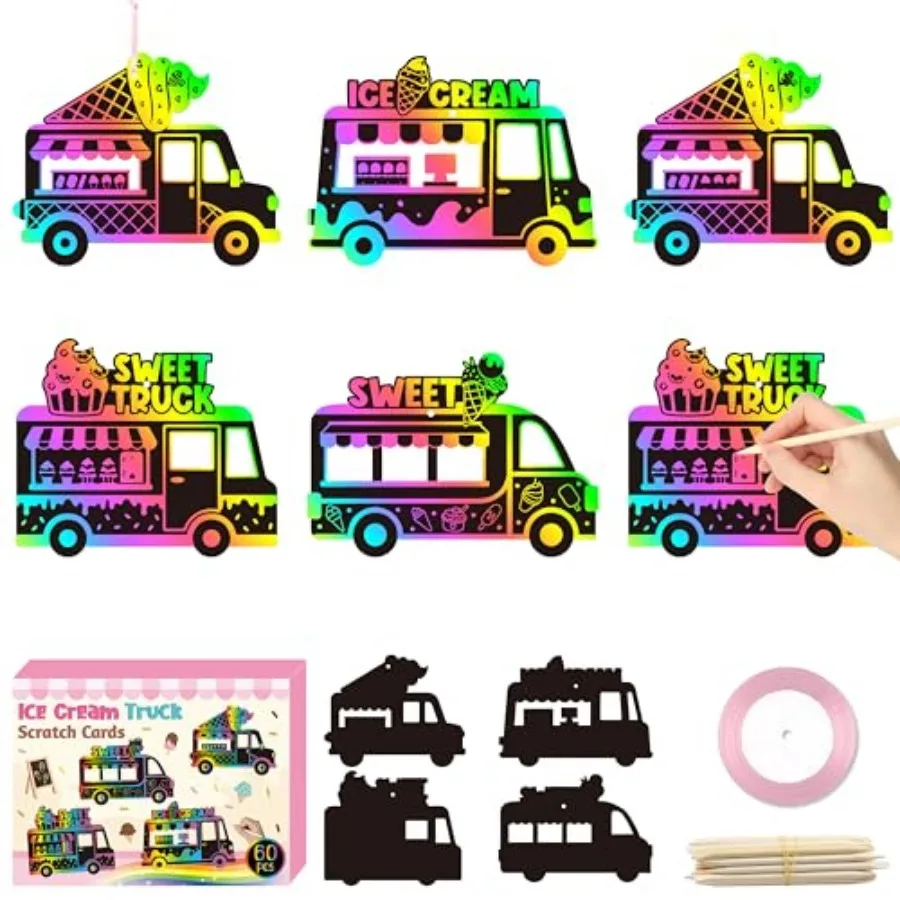 Scratch Cards - 60PCS Summer Cart Scratch Craft Paper Ornament Gift Set for Kid, Dessert Truck Magic Rainbow Color Craft Kit fo