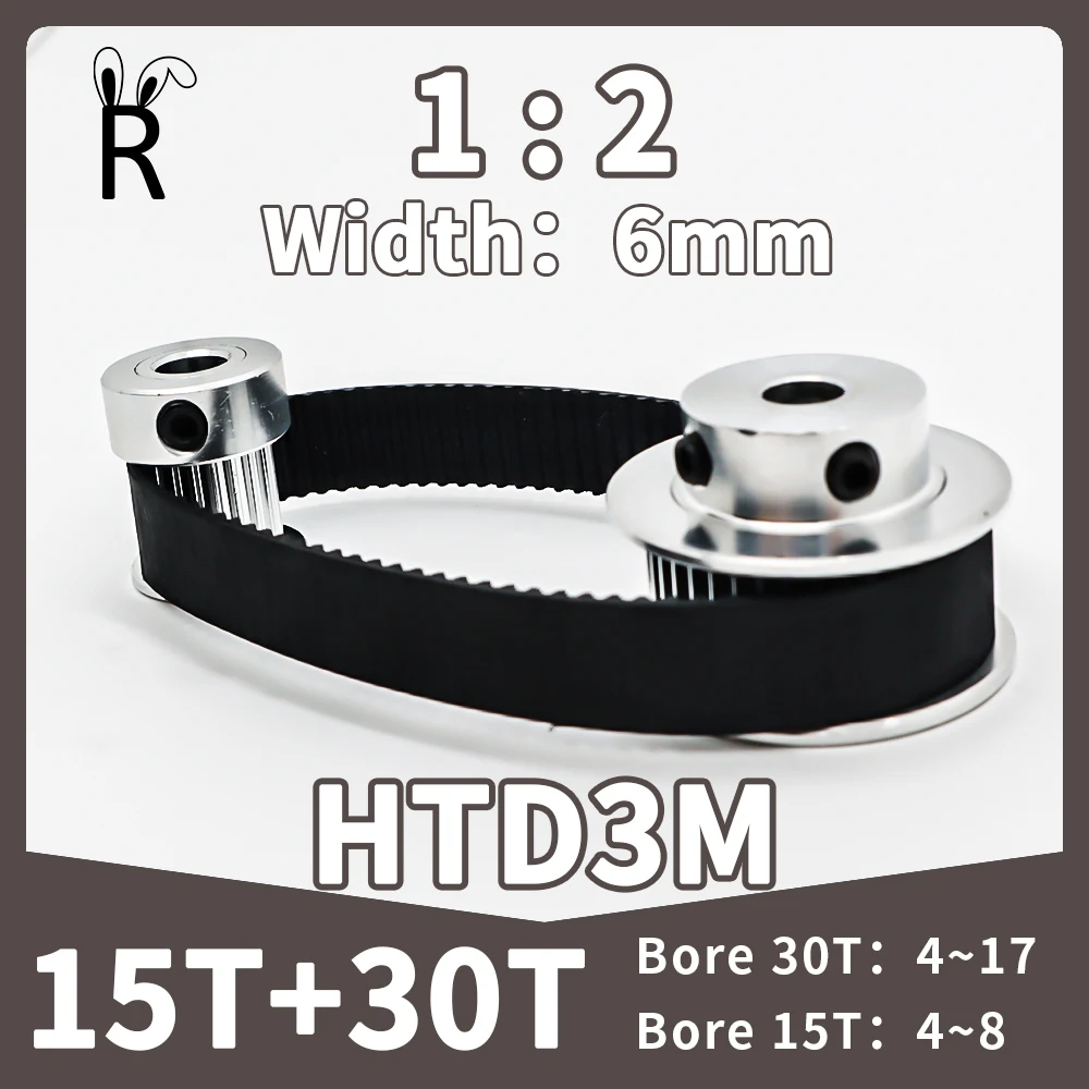 15T 30Teeth Reduction 1:2 HTD 3M Timing Pulley Belt Set Belt Width 6mm Tensioning Wheel Synchronous Pulley Kit HTD3M 30T 15Teeth