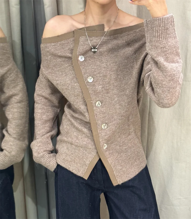 

Новая осенняя женская коллекция 202, милый ретро-свитер с открытыми плечами, стильный универсальный вязаный свитер