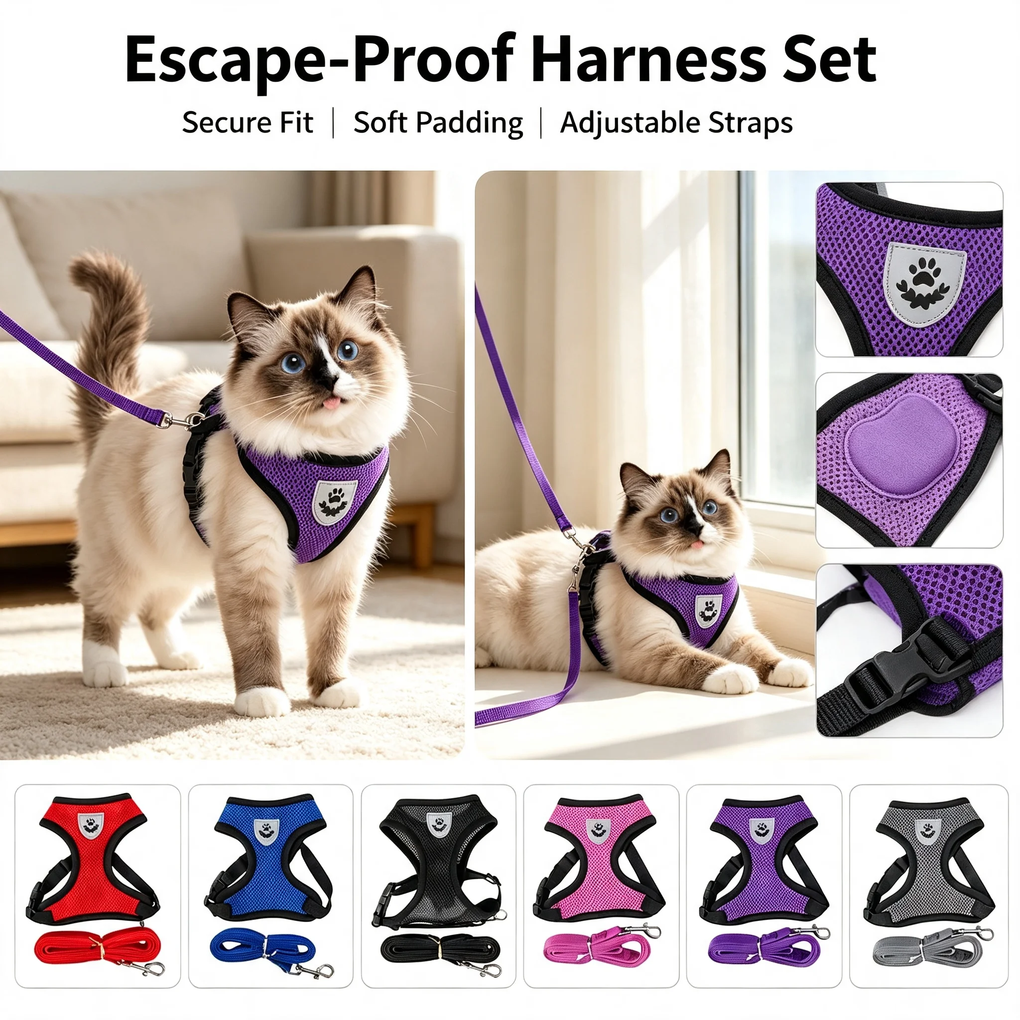Small Dog Cat Harness Set 4 PCS, Breathable Camo Quick Release Vest, Anti-Choke Soft Collar for Daily Walking Adventure