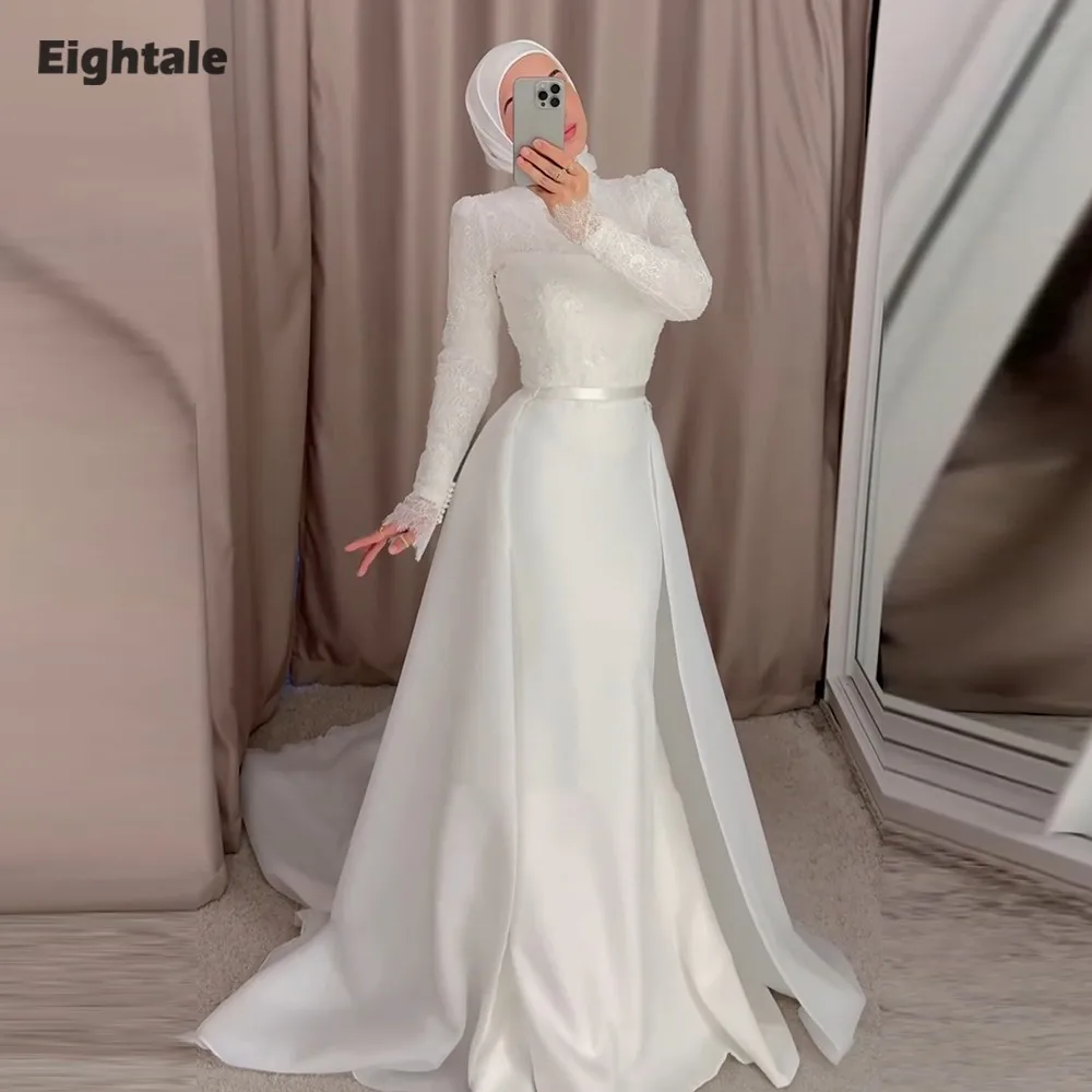 

Eightale Arabic Wedding Dress with Detachable Skirt O-Neck Customized White Ivory Long Sleeves Lace Muslim Bridal Gown Mermaid