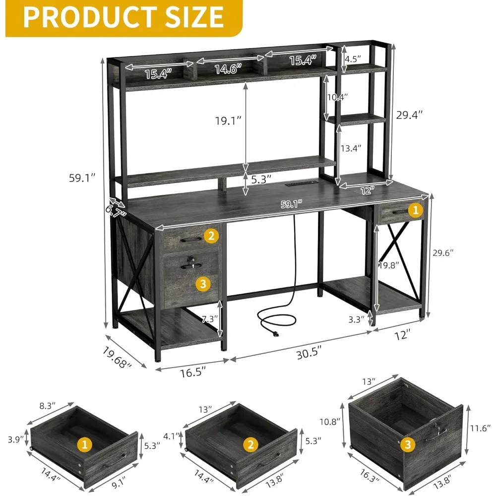 Bureau d'ordinateur avec prises de courant et lumières LED, bureau à domicile avec étagères de rangement, huche de proximité, 59.1 po