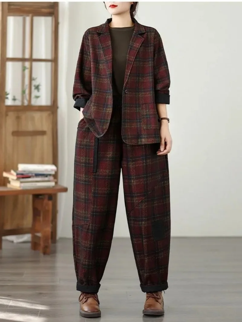 Checkered Blazer Suit For Women Spring And Autumn Korean Version Fashion Two-Piece Set Jacket Loose Harem Pants Oversized w1435